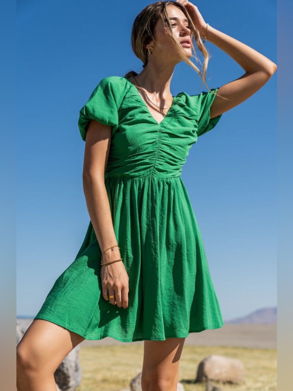 NWT Bohme Kelly Green Ruched Puff Sleeve Mini Dress